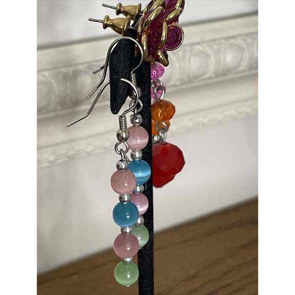 Bead Dangle Earrings Red Pink Orange Blue Cat Eye Stone Cluster Flower Pierced - Picture 2 of 7